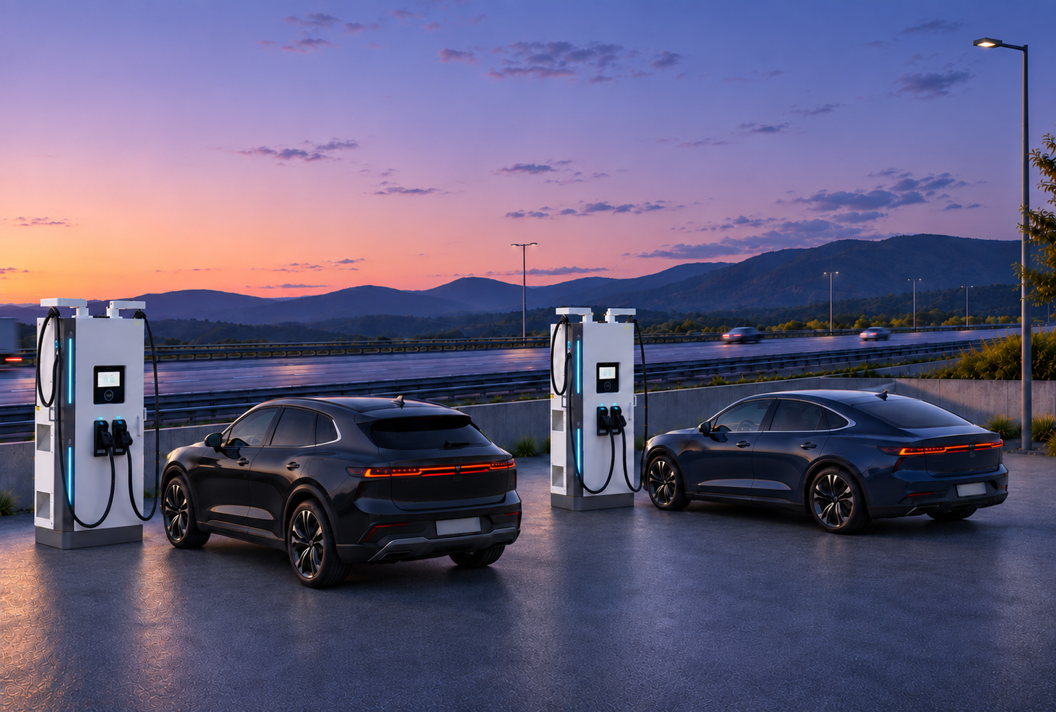 Row of electric delivery vans charging from compact DC dispensers at a logistics depot at night
