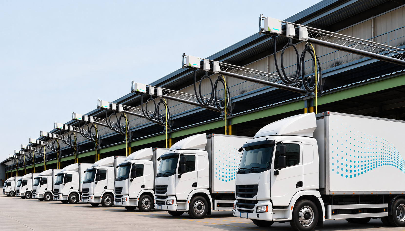 White electric truck with overhead control-box charging gantries at a fleet depot